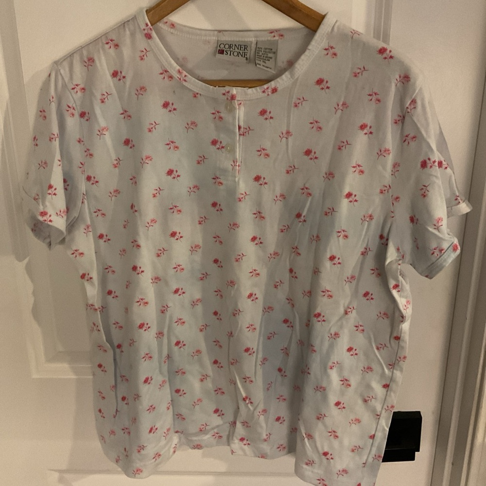 Cornerstone - Short Sleeve Floral White and Pink Shirt - Ladies Size XL
